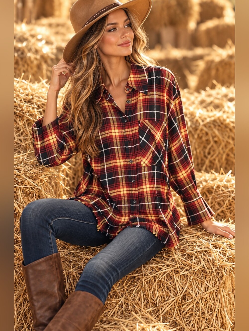 Topshop | NWT Plaid Button Up Shirt Rust Black Tan Size 2
